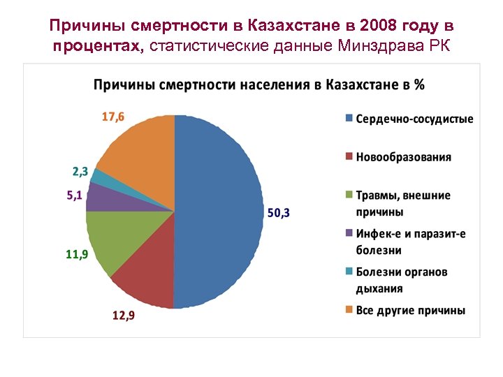 Причины смертности в Казахстане в 2008 году в процентах, статистические данные Минздрава РК 