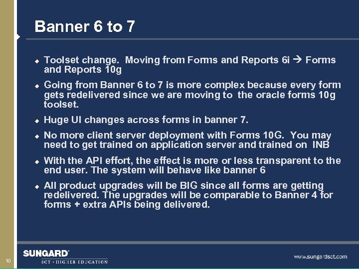 Banner 6 to 7 u u u 10 Toolset change. Moving from Forms and