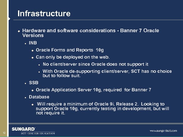 Infrastructure u Hardware and software considerations - Banner 7 Oracle Versions n INB u