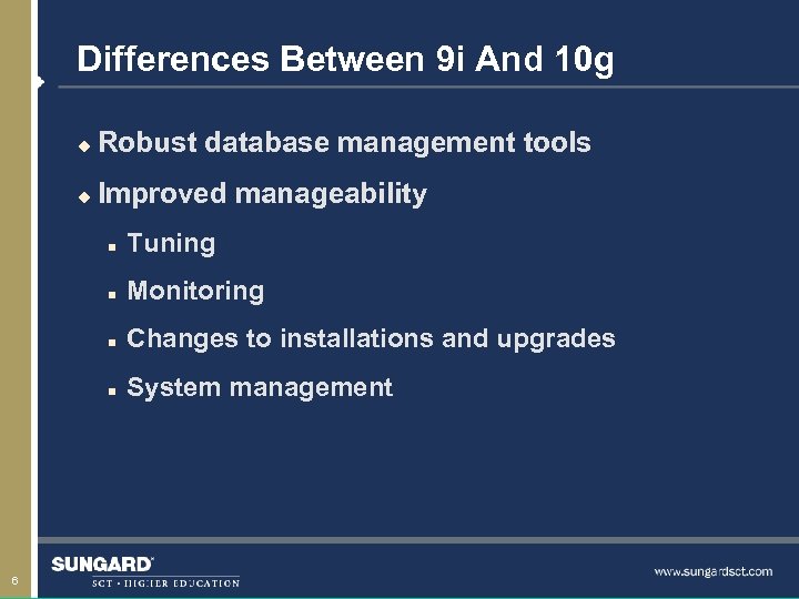 Differences Between 9 i And 10 g u Robust database management tools u Improved