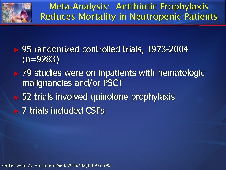 Meta-Analysis: Antibiotic Prophylaxis Reduces Mortality in Neutropenic Patients ► 95 randomized controlled trials, 1973