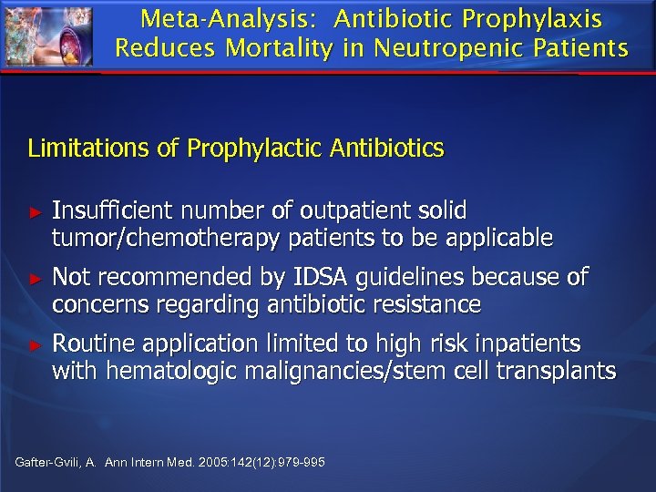 Meta-Analysis: Antibiotic Prophylaxis Reduces Mortality in Neutropenic Patients Limitations of Prophylactic Antibiotics ► Insufficient