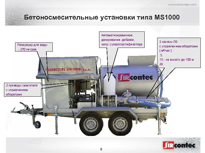 Бетоносмесительные установки типа MS 1000 Резервуар для воды - 270 литров Автоматизированное дозирование добавок,
