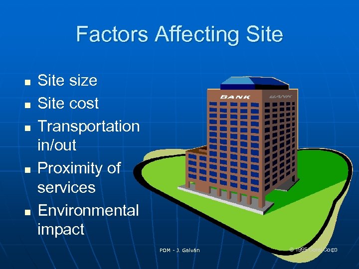 Factors Affecting Site n n n Site size Site cost Transportation in/out Proximity of