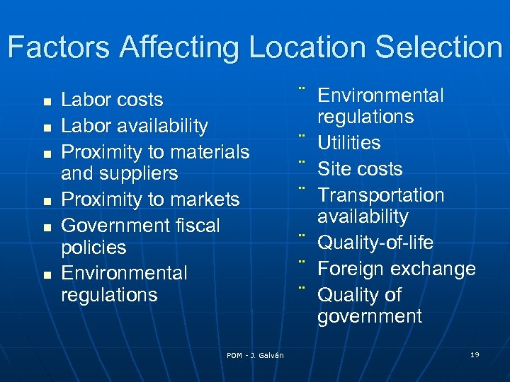 Factors Affecting Location Selection n n n Labor costs Labor availability Proximity to materials