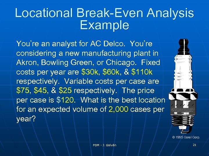 Locational Break-Even Analysis Example You’re an analyst for AC Delco. You’re considering a new