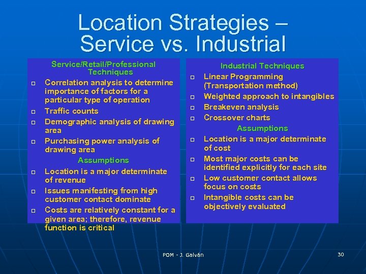 Location Strategies – Service vs. Industrial o o o o Service/Retail/Professional Techniques Correlation analysis