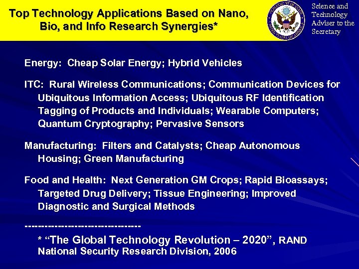 Top Technology Applications Based on Nano, Bio, and Info Research Synergies* Science and Technology