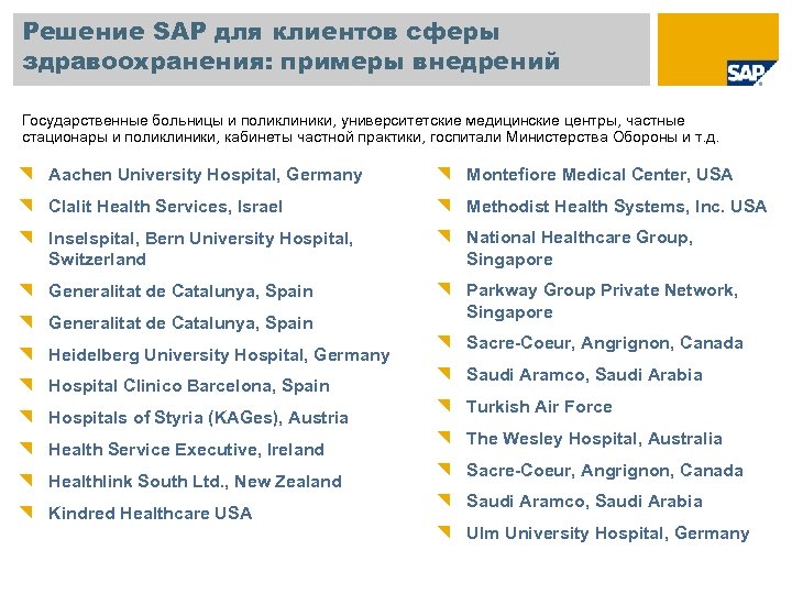 Решение SAP для клиентов сферы здравоохранения: примеры внедрений Государственные больницы и поликлиники, университетские медицинские