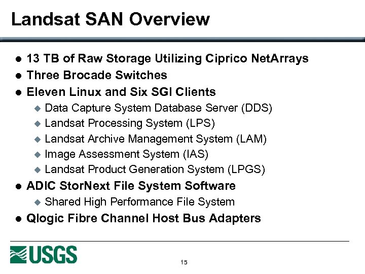 Landsat SAN Overview l l l 13 TB of Raw Storage Utilizing Ciprico Net.