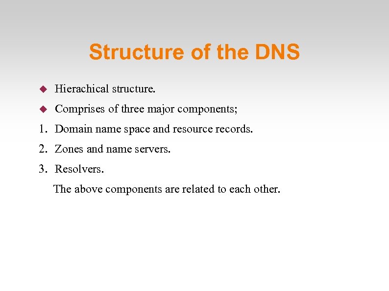 Structure of the DNS Hierachical structure. Comprises of three major components; 1. Domain name