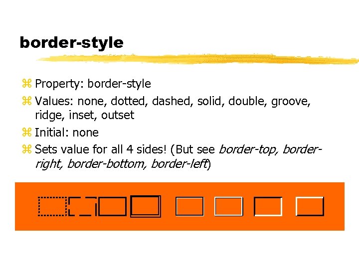 border-style z Property: border-style z Values: none, dotted, dashed, solid, double, groove, ridge, inset,