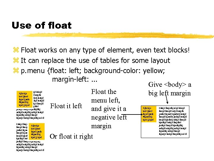 Use of float z Float works on any type of element, even text blocks!