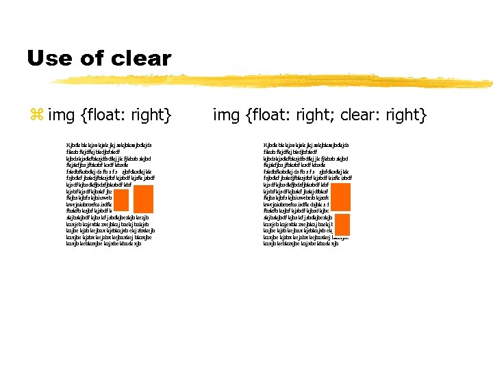 Use of clear z img {float: right} img {float: right; clear: right} Kjhdk hk