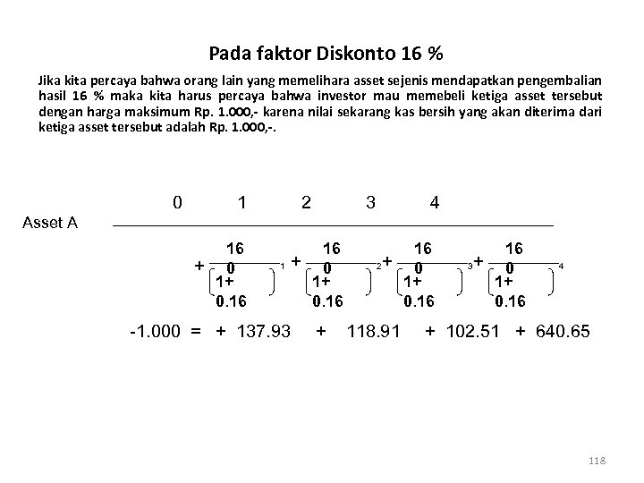 Pada faktor Diskonto 16 % Jika kita percaya bahwa orang lain yang memelihara asset