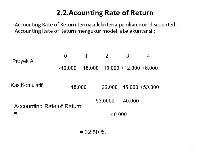 2. 2. Acounting Rate of Return Accounting Rate of Return termasuk kriteria penilian non-discounted.