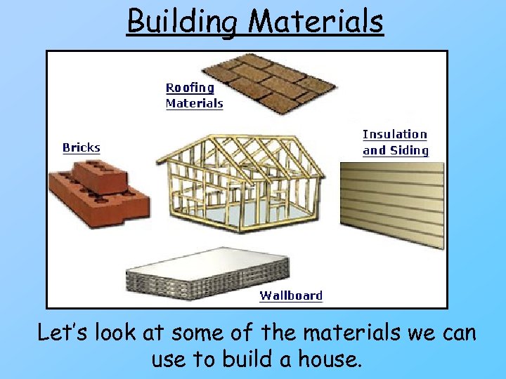Building Materials Let’s look at some of the materials we can use to build