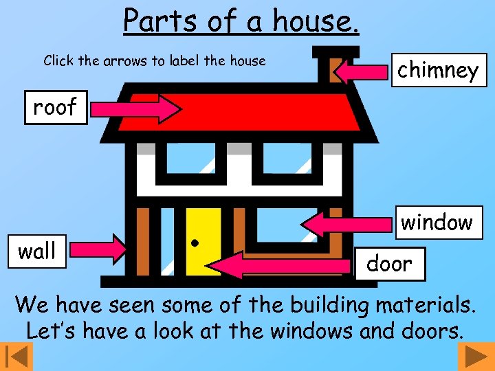 Parts of a house. Click the arrows to label the house chimney roof wall