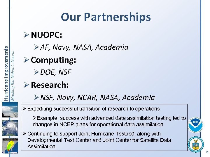 Meeting the Nation’s Needs Hurricane Improvements Our Partnerships Ø NUOPC: Ø AF, Navy, NASA,