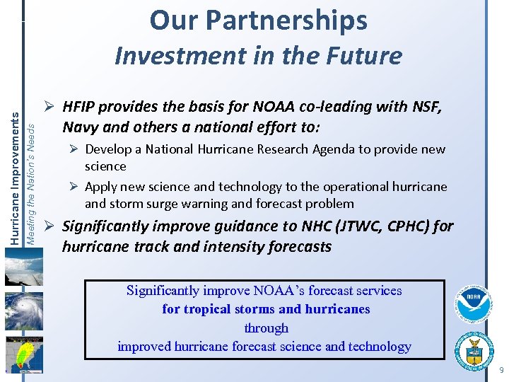 Our Partnerships Ø HFIP provides the basis for NOAA co-leading with NSF, Meeting the