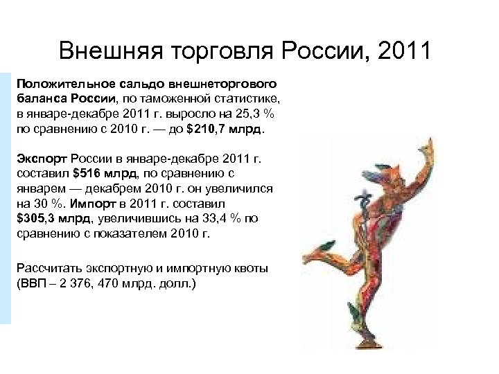 Внешняя торговля России, 2011 Положительное сальдо внешнеторгового баланса России, по таможенной статистике, в январе-декабре