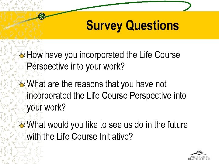 Survey Questions How have you incorporated the Life Course Perspective into your work? What
