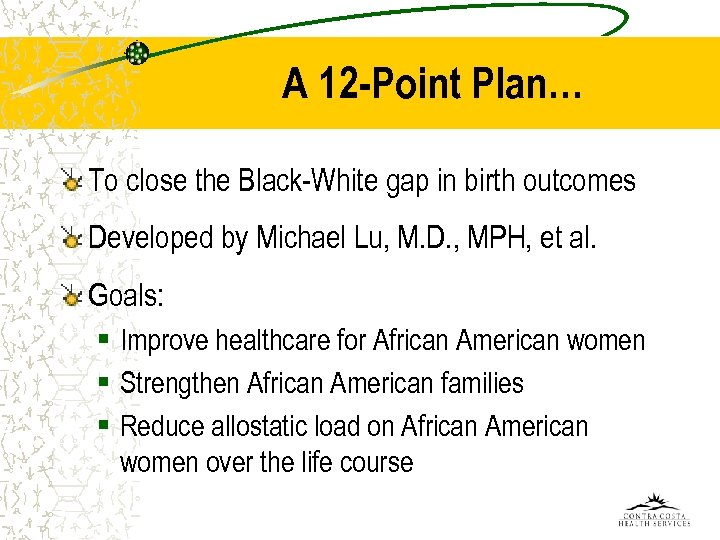 A 12 -Point Plan… To close the Black-White gap in birth outcomes Developed by