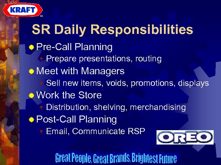 SR Daily Responsibilities ® Pre-Call W Prepare presentations, routing ® Meet W with Managers