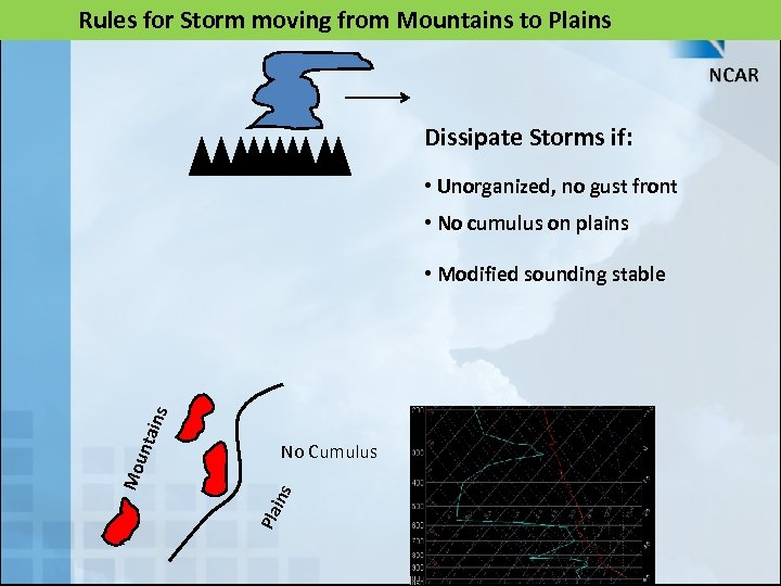 Rules for Storm moving from Mountains to Plains Dissipate Storms if: • Unorganized, no