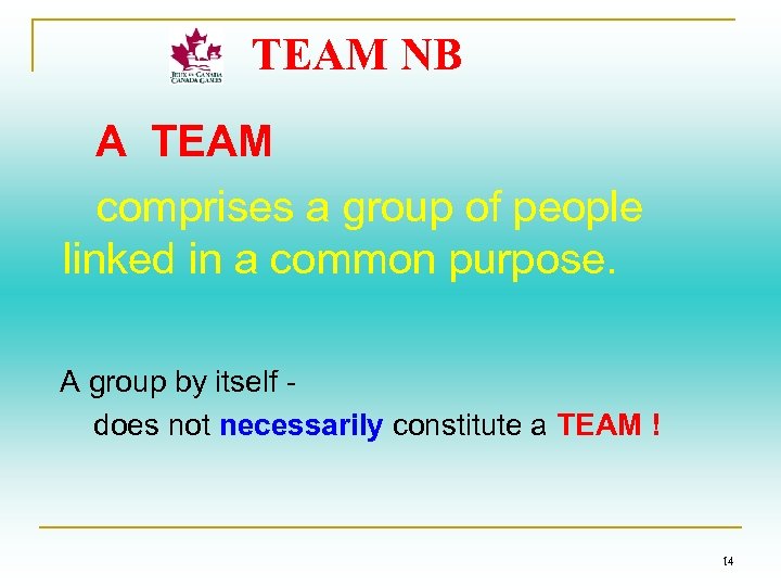 TEAM NB A TEAM comprises a group of people linked in a common purpose.