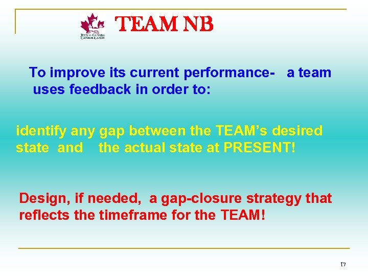 TEAM NB To improve its current performance- a team uses feedback in order to: