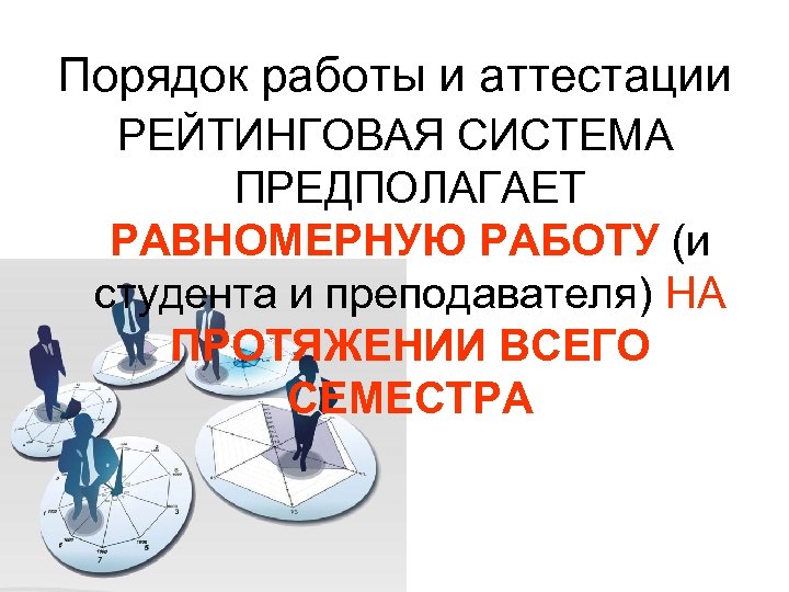 Порядок работы и аттестации РЕЙТИНГОВАЯ СИСТЕМА ПРЕДПОЛАГАЕТ РАВНОМЕРНУЮ РАБОТУ (и студента и преподавателя) НА