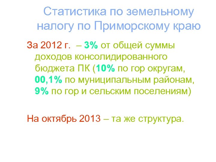 Статистика по земельному налогу по Приморскому краю За 2012 г. – 3% от общей