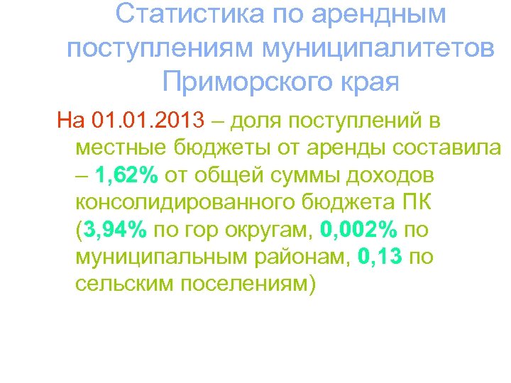 Статистика по арендным поступлениям муниципалитетов Приморского края На 01. 2013 – доля поступлений в