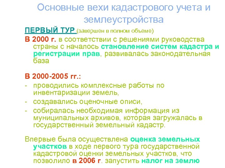 Основные вехи кадастрового учета и землеустройства ПЕРВЫЙ ТУР (завершен в полном объеме) В 2000