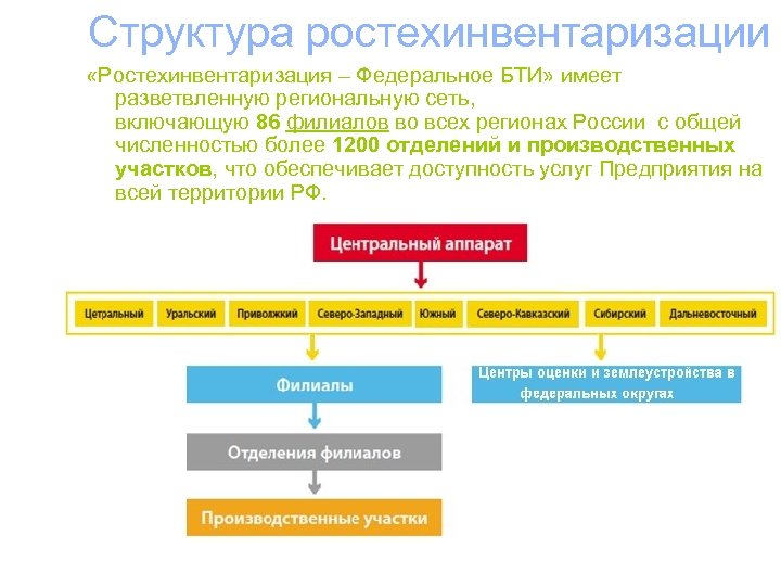Структура ростехинвентаризации «Ростехинвентаризация – Федеральное БТИ» имеет разветвленную региональную сеть, включающую 86 филиалов во