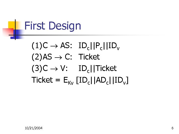 First Design (1)C AS: (2)AS C: (3)C V: Ticket = EKv 10/21/2004 IDc||Pc||IDv Ticket