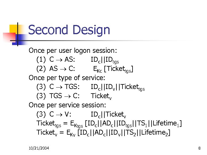 Second Design Once per user logon session: (1) C AS: IDc||IDtgs (2) AS C: