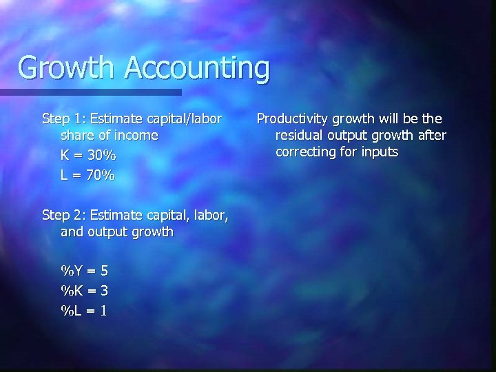 Growth Accounting Step 1: Estimate capital/labor share of income K = 30% L =