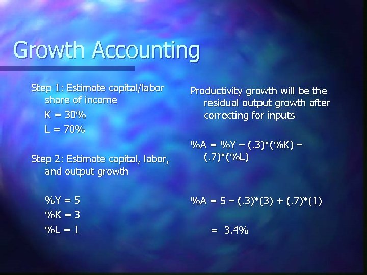 Growth Accounting Step 1: Estimate capital/labor share of income K = 30% L =
