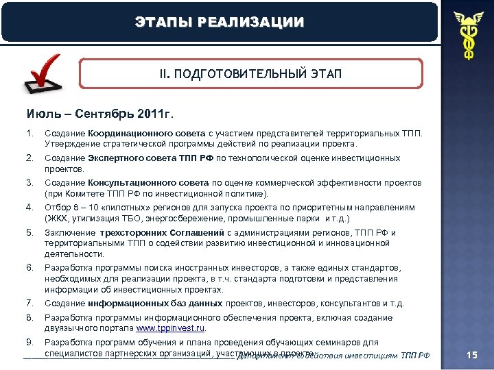 ЭТАПЫ РЕАЛИЗАЦИИ ЭТАПЫ РЕАЛИЗАЦИ II. ПОДГОТОВИТЕЛЬНЫЙ ЭТАП Июль – Сентябрь 2011 г. 1. Создание