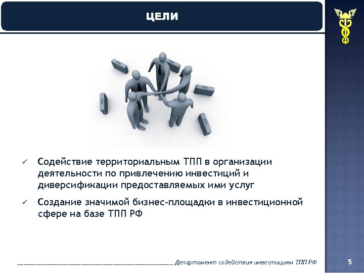 ЦЕЛИ ü Содействие территориальным ТПП в организации деятельности по привлечению инвестиций и диверсификации предоставляемых