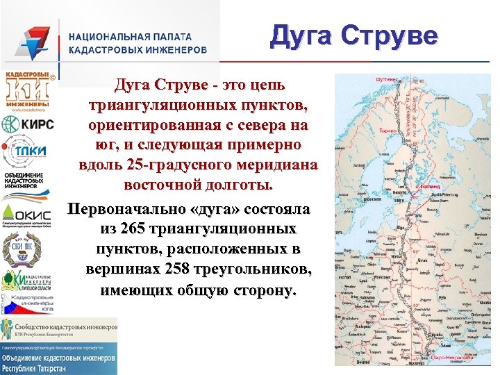 Дуга Струве - это цепь триангуляционных пунктов, ориентированная с севера на юг, и следующая