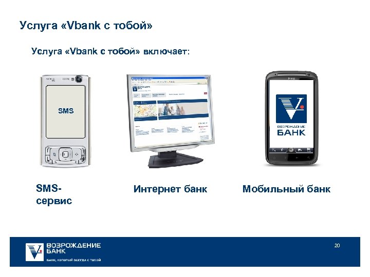 Услуга «Vbank с тобой» включает: SMSсервис Интернет банк Мобильный банк 20 