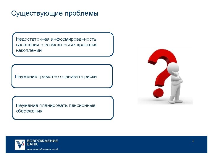 Существующие проблемы Недостаточная информированность населения о возможностях хранения накоплений Неумение грамотно оценивать риски Неумение