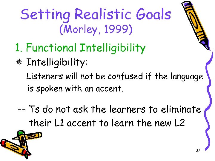 Setting Realistic Goals (Morley, 1999) 1. Functional Intelligibility: Listeners will not be confused if