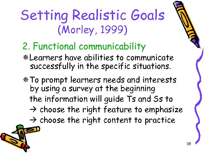 Setting Realistic Goals (Morley, 1999) 2. Functional communicability Learners have abilities to communicate successfully