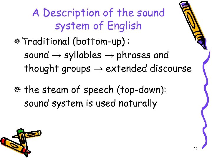 A Description of the sound system of English Traditional (bottom-up) : sound → syllables