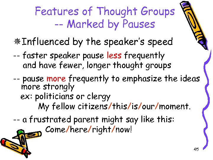 Features of Thought Groups -- Marked by Pauses Influenced by the speaker’s speed --