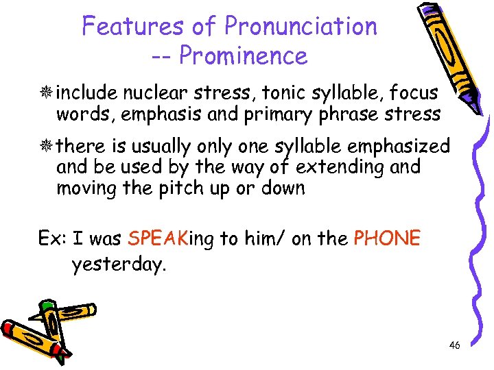 Features of Pronunciation -- Prominence include nuclear stress, tonic syllable, focus words, emphasis and